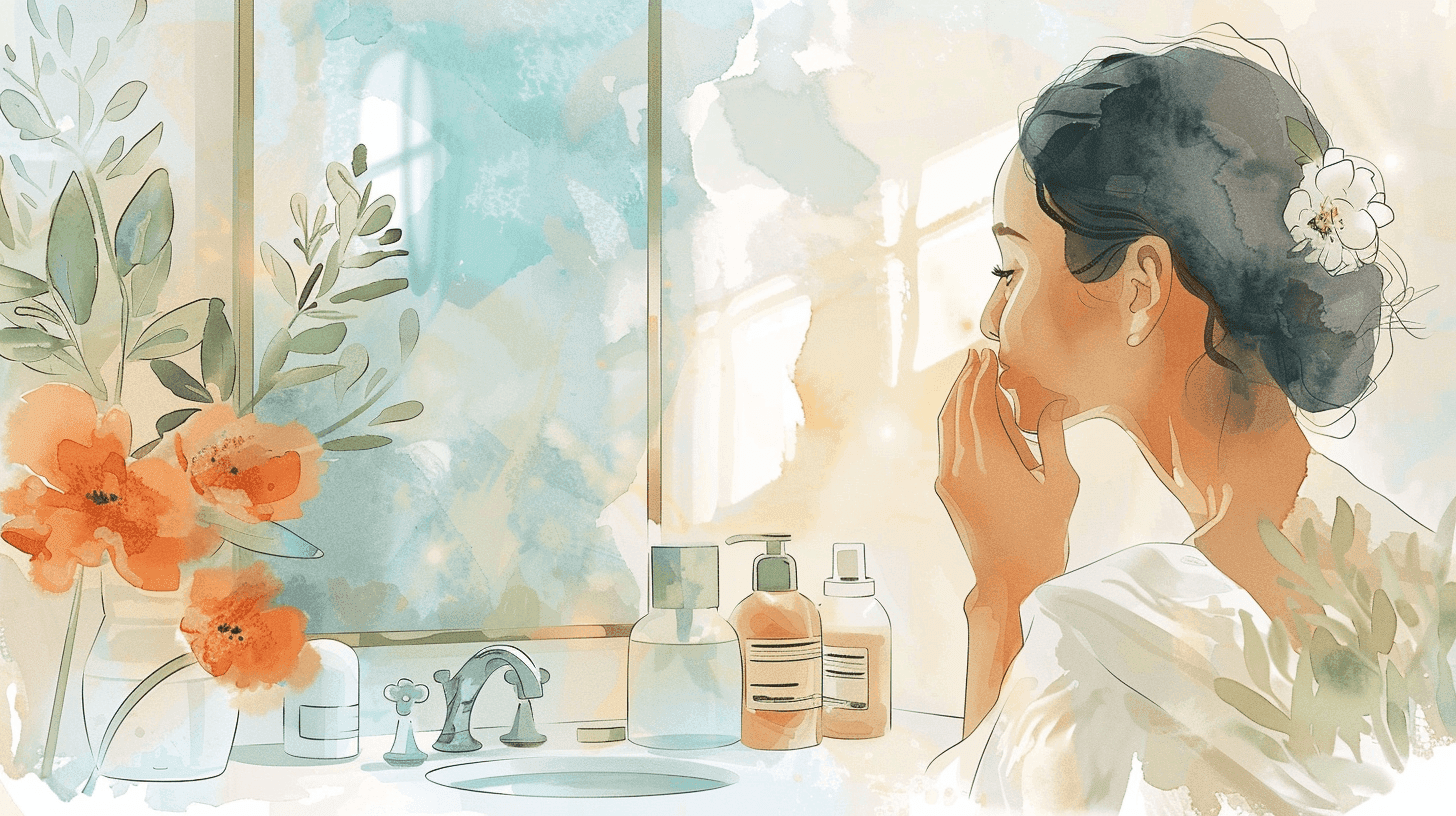 Watercolor of a woman getting ready for the day at her bathroom mirror