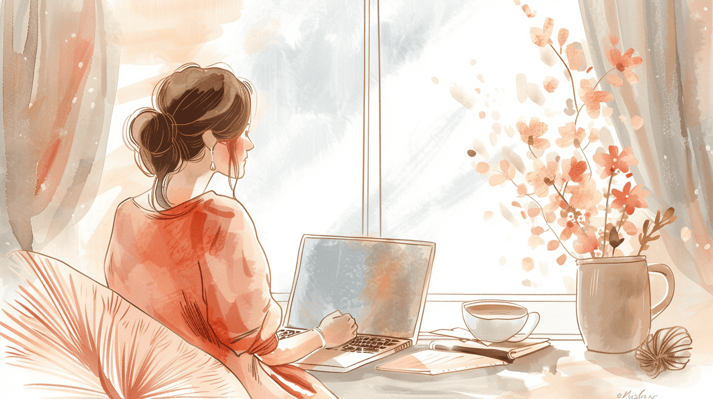 Watercolor of a mom on her laptop by a sunny window