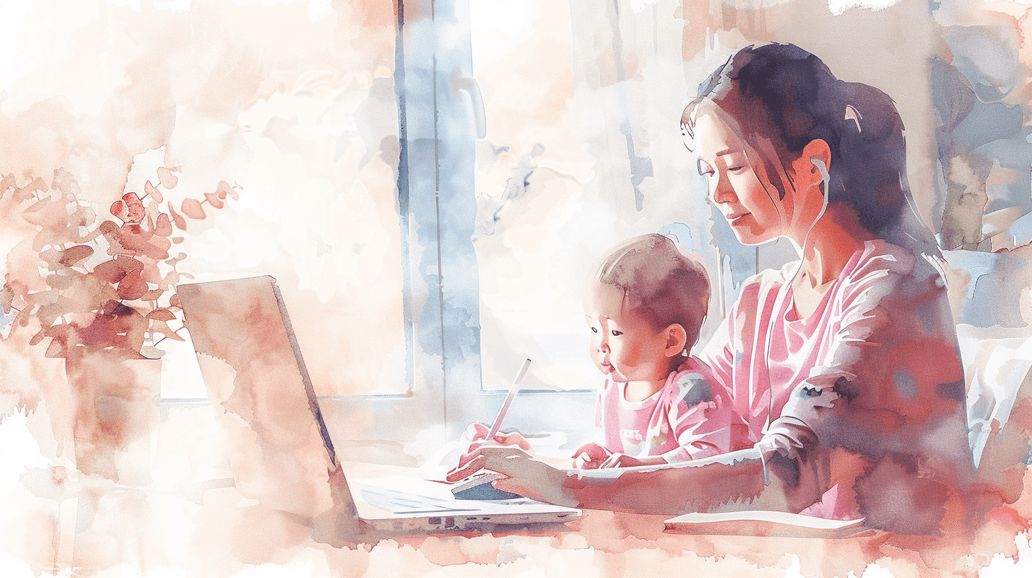 Watercolor of a mom working on a laptop at a sunny desk with her baby on her lap