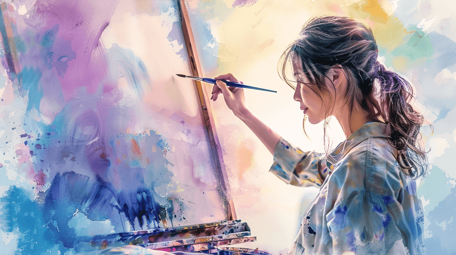 Watercolor of a woman with a ponytail painting on a canvas at an easel in soft purple and blue