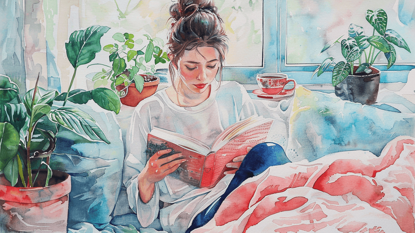 Watercolor of a mom reading a book in a sunny room full of plants
