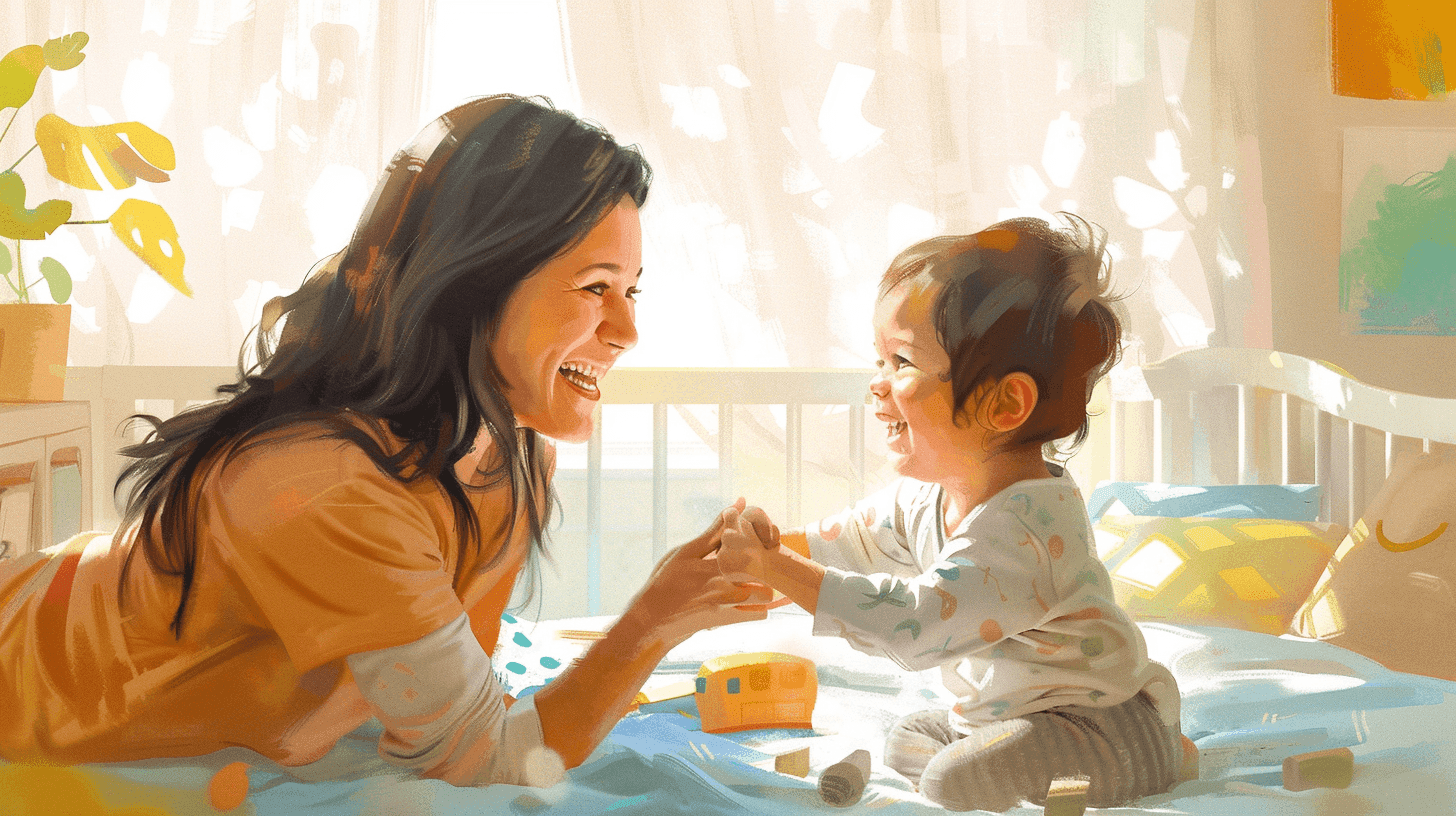Illustration of a smiling mom lying on a bed, holding hands with her laughing baby
