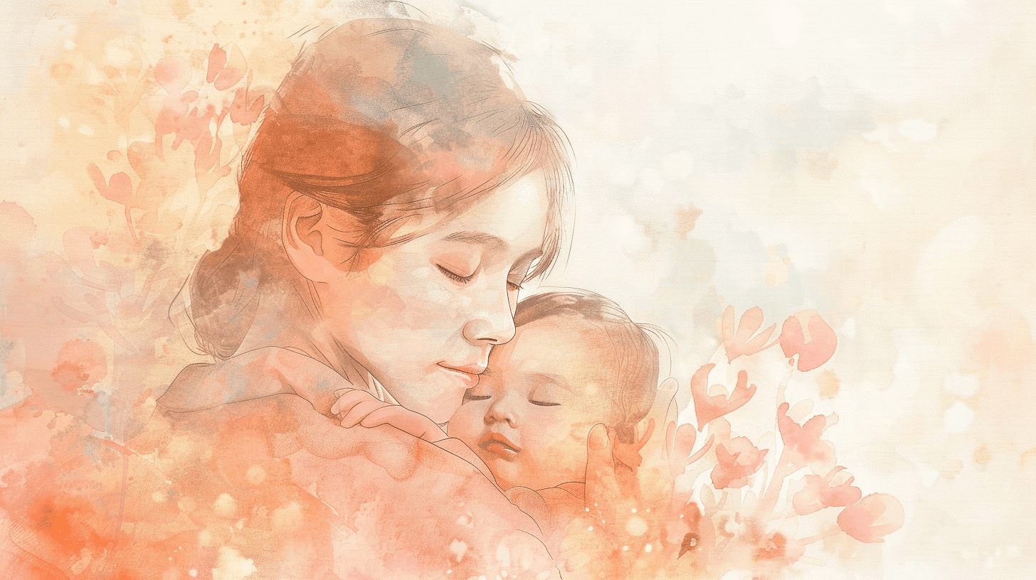 Watercolor of a mom holding her sleeping baby close, eyes closed, surrounded by soft peach flowers