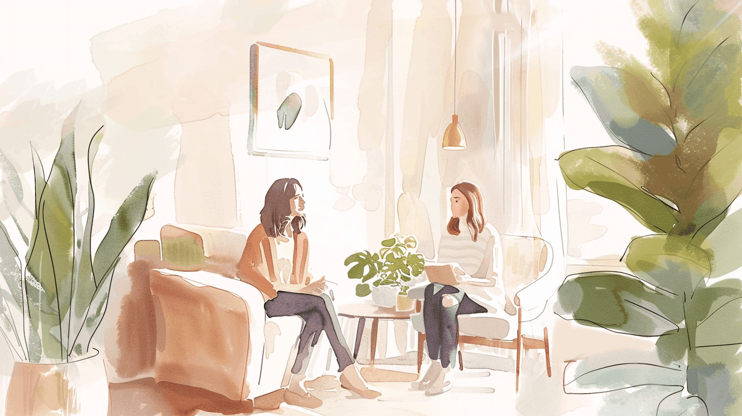 Watercolor of two women talking in armchairs in a bright, plant-filled therapy office