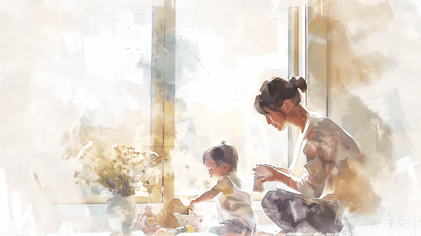 Watercolor of a mom kneeling by a sunny window while her toddler plays with toys beside her