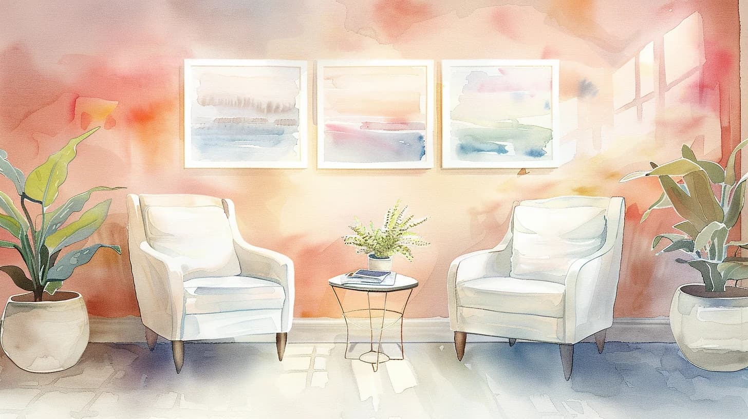 Watercolor of two white armchairs in a calm, sunlit therapy room