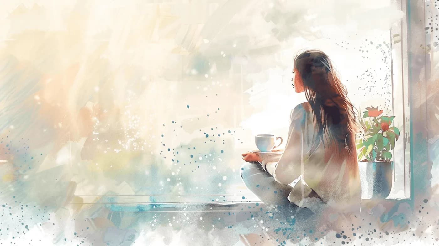 Watercolor of a mom sitting by a window with a cup of tea