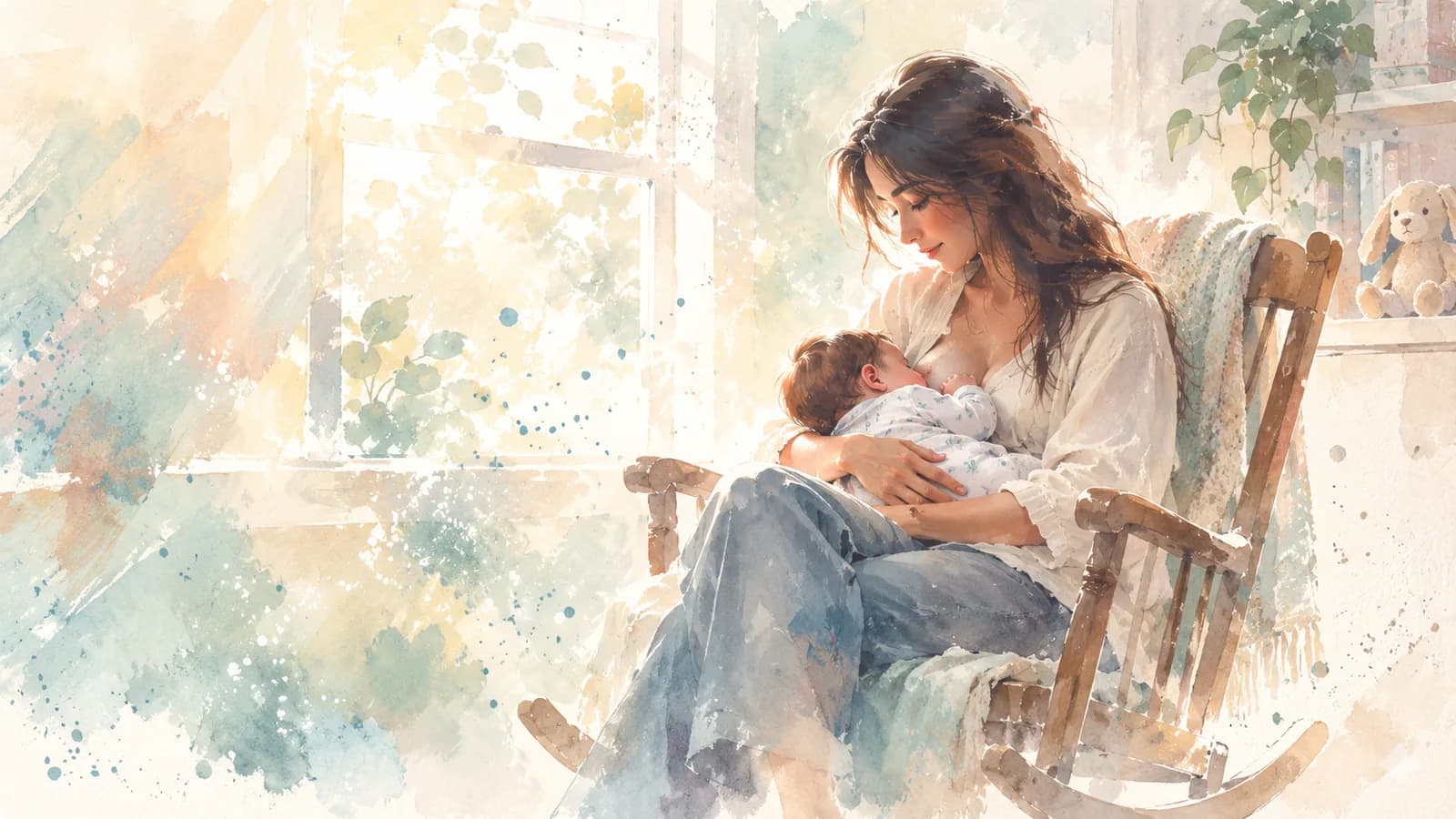 Watercolor of a mom nursing her baby in a rocking chair by a sunny window