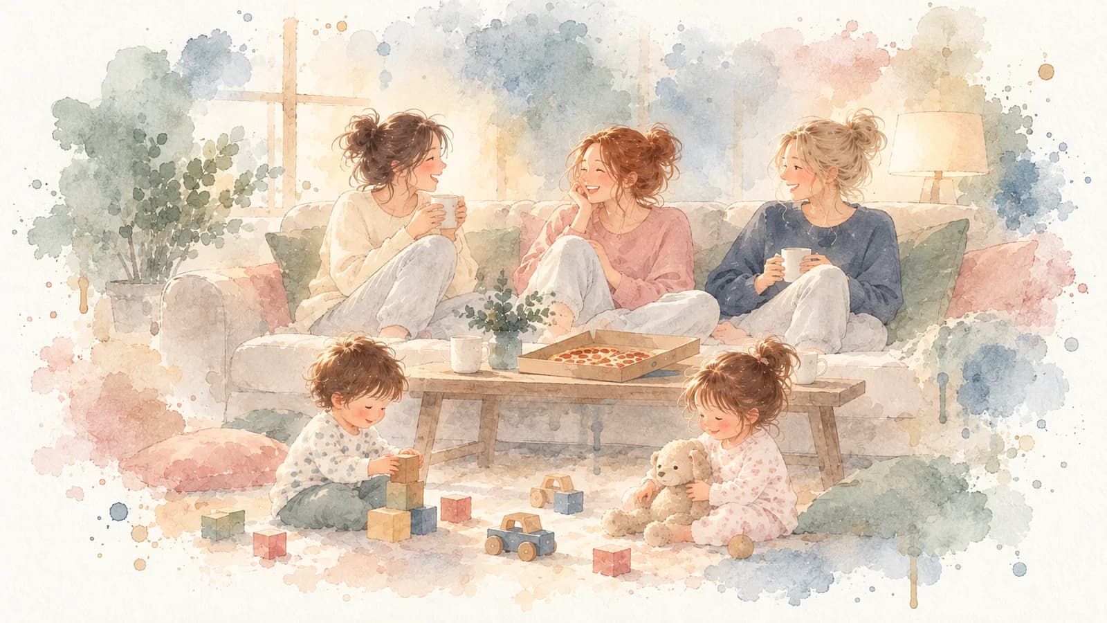 Watercolor of three moms in sweatpants laughing on a couch with an open pizza box on the coffee table while two toddlers play with blocks and a teddy bear on the rug