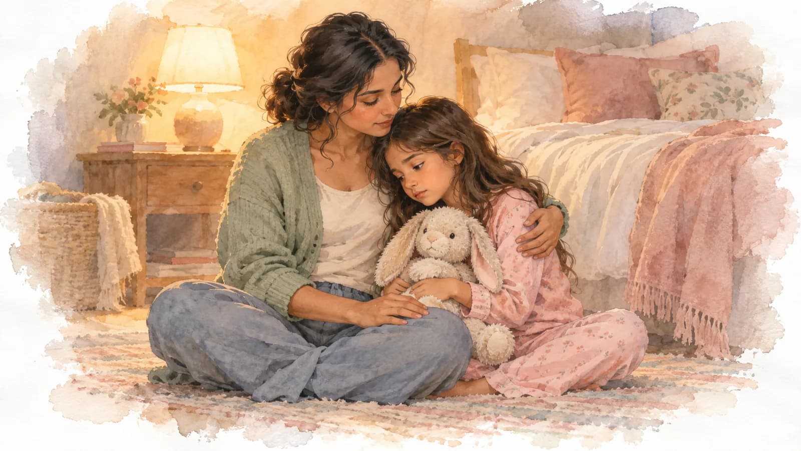 Watercolor of a mom sitting on a bedroom floor comforting her daughter, who hugs a stuffed bunny