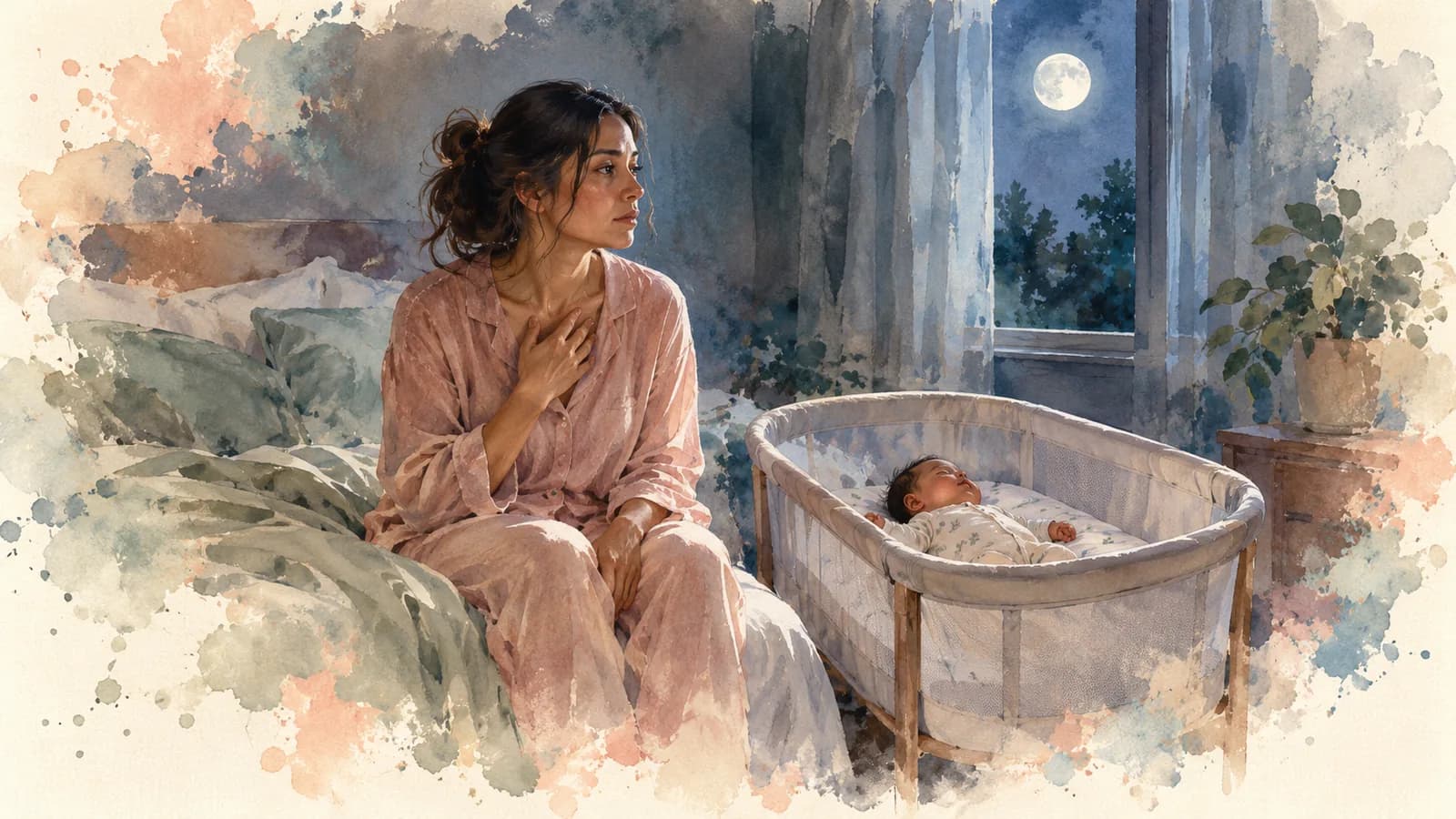 Watercolor of a mom sitting up in bed at night with a hand on her chest, her baby asleep in a bassinet beside her