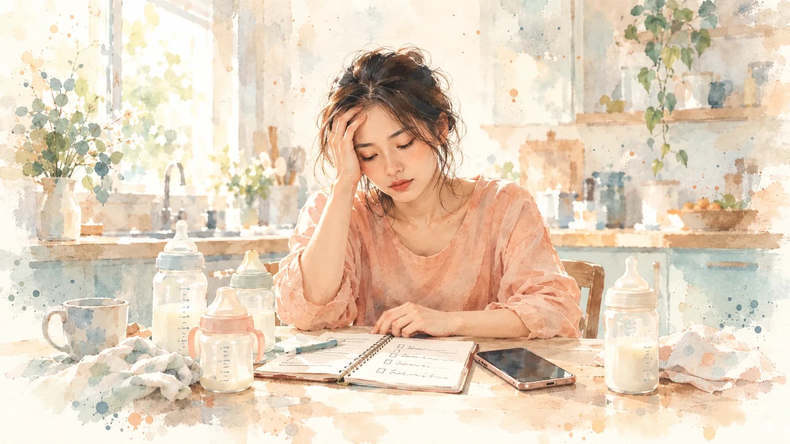 Watercolor of an overwhelmed mom at a kitchen table covered in baby bottles and notes, hand on her forehead