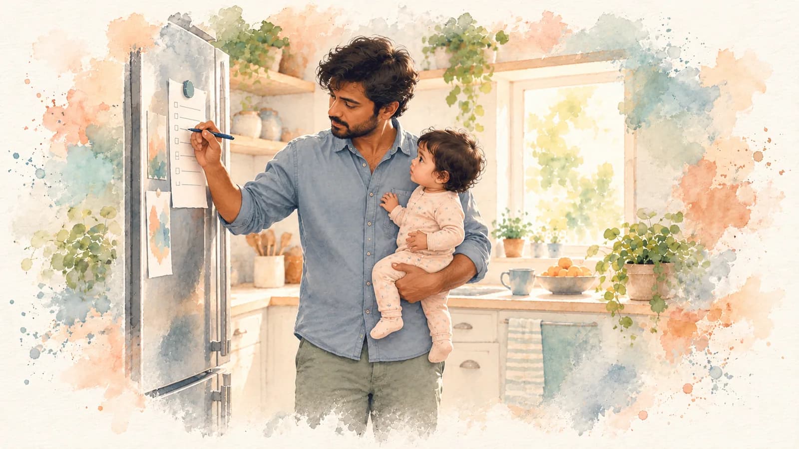 Watercolor of a dad holding his baby on his hip while writing on the grocery list on the fridge