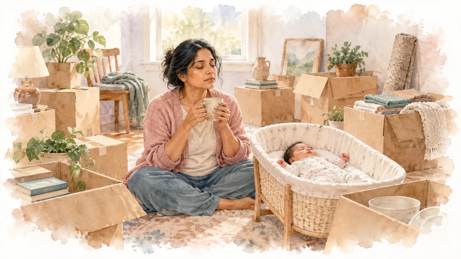 Watercolor of a mom sitting among moving boxes holding a mug, her baby asleep in a bassinet beside her