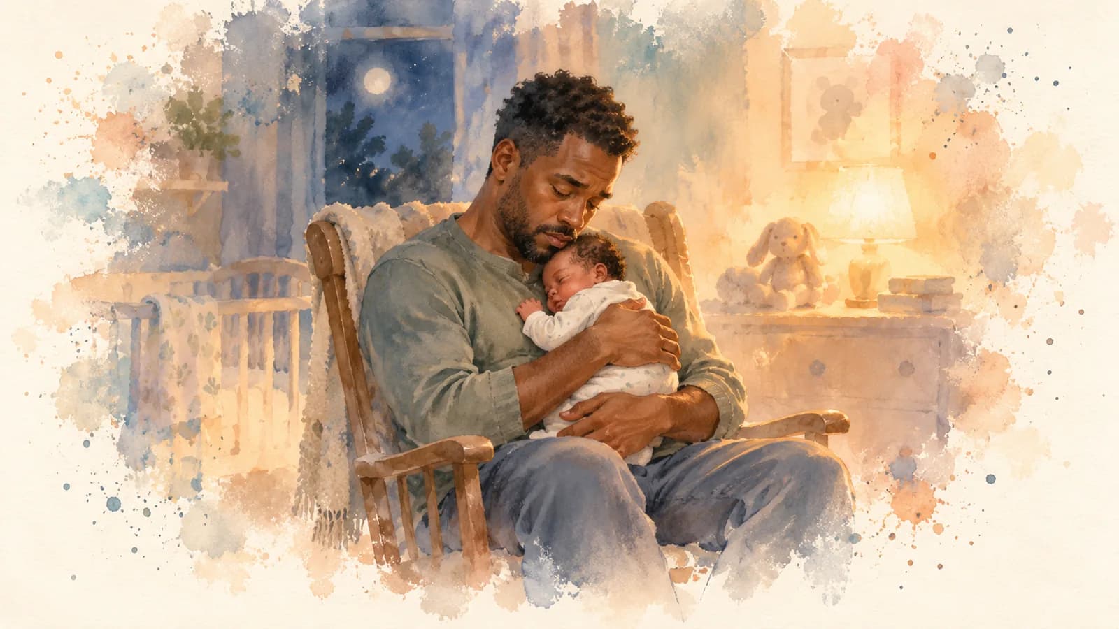 Watercolor of a tired dad holding his newborn in a rocking chair at night