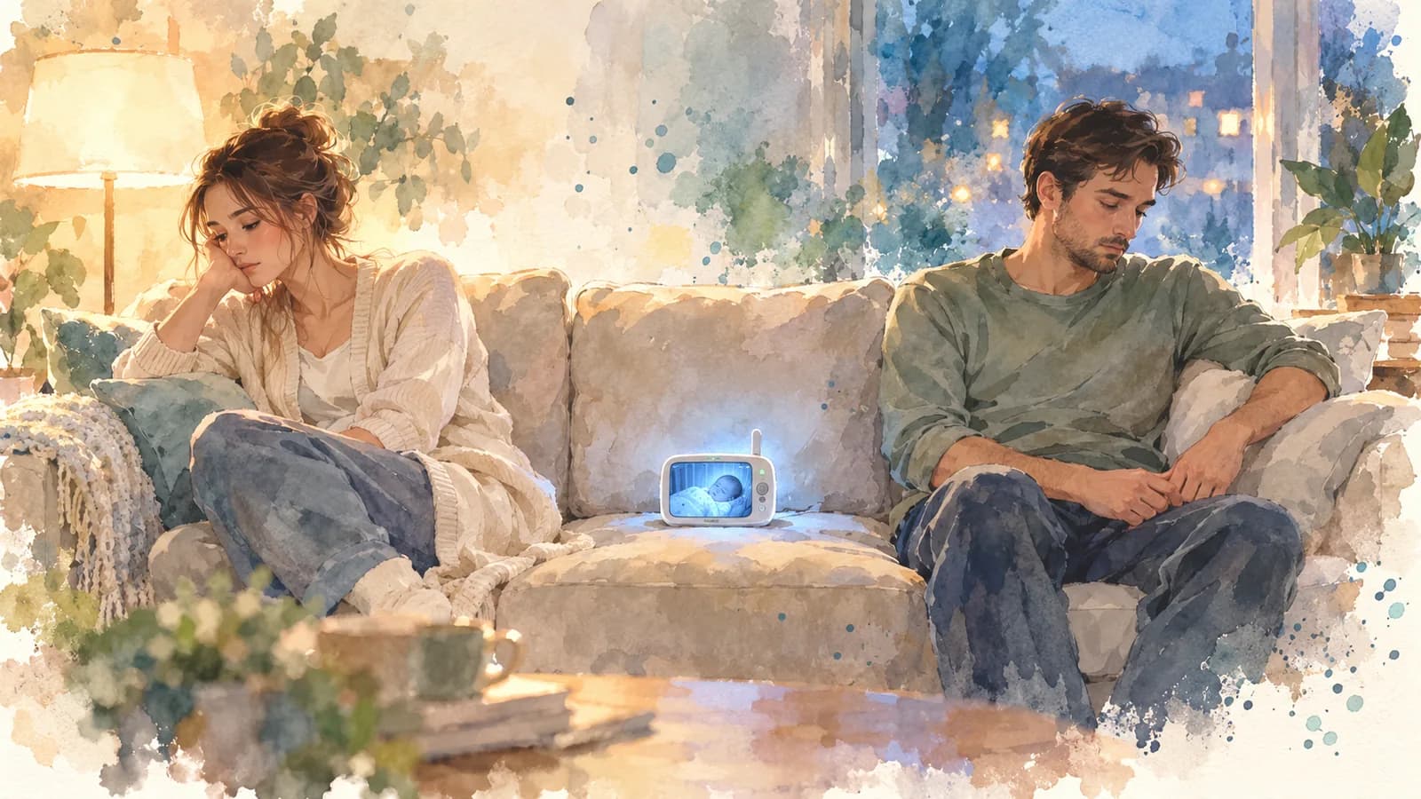 Watercolor of a tired couple sitting at opposite ends of a couch with a baby monitor between them