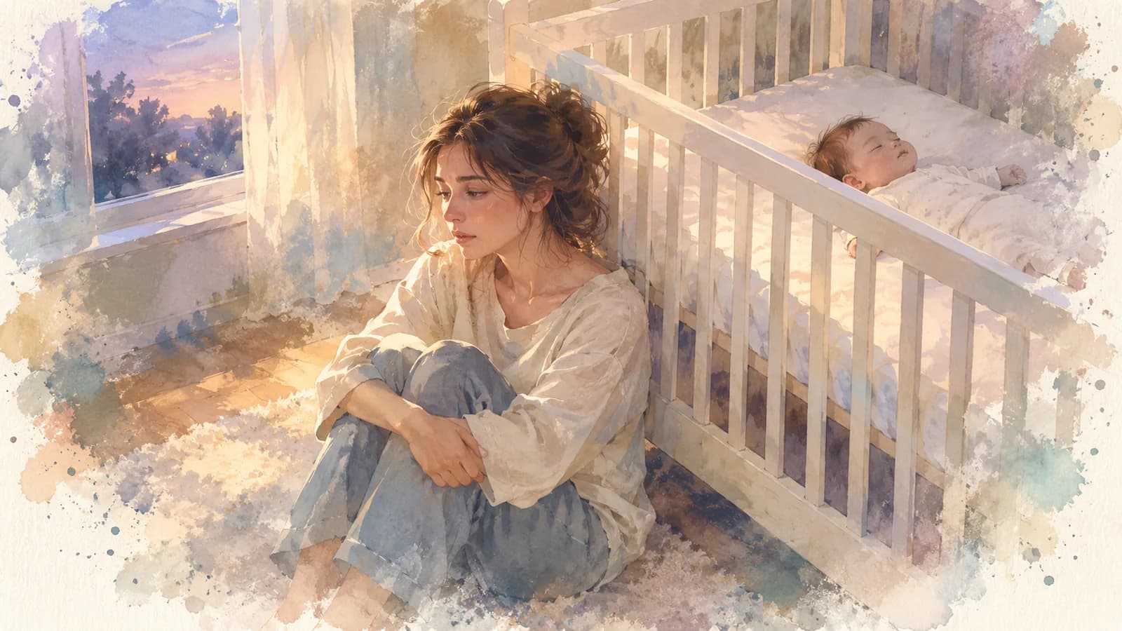Watercolor of a tired mom sitting on the nursery floor against the crib while her baby sleeps