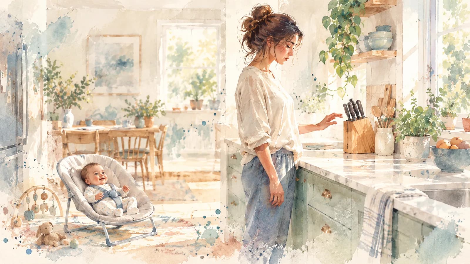 Watercolor of a mom pausing at the kitchen counter while her baby sits in a bouncer nearby