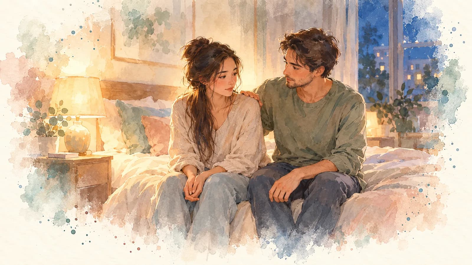 Watercolor of a partner sitting beside a new mom on the edge of the bed in the evening, a hand on her shoulder