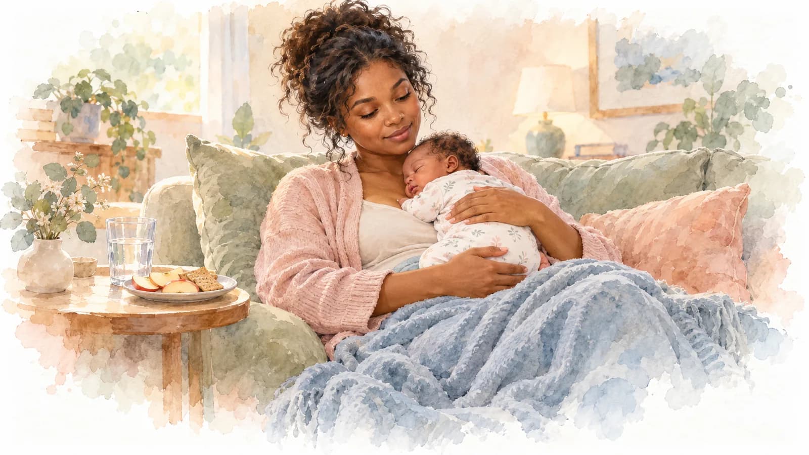 Watercolor of a mom resting on the couch under a blanket with her newborn asleep on her chest, water and a snack within reach