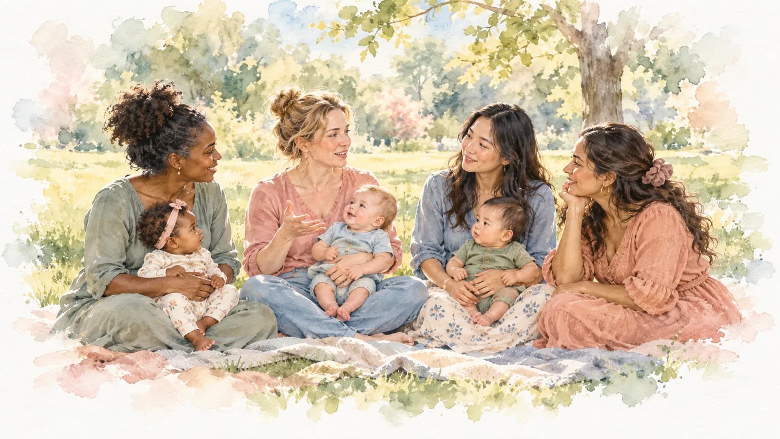 Watercolor of four moms sitting on blankets in a sunny park with their babies, talking together