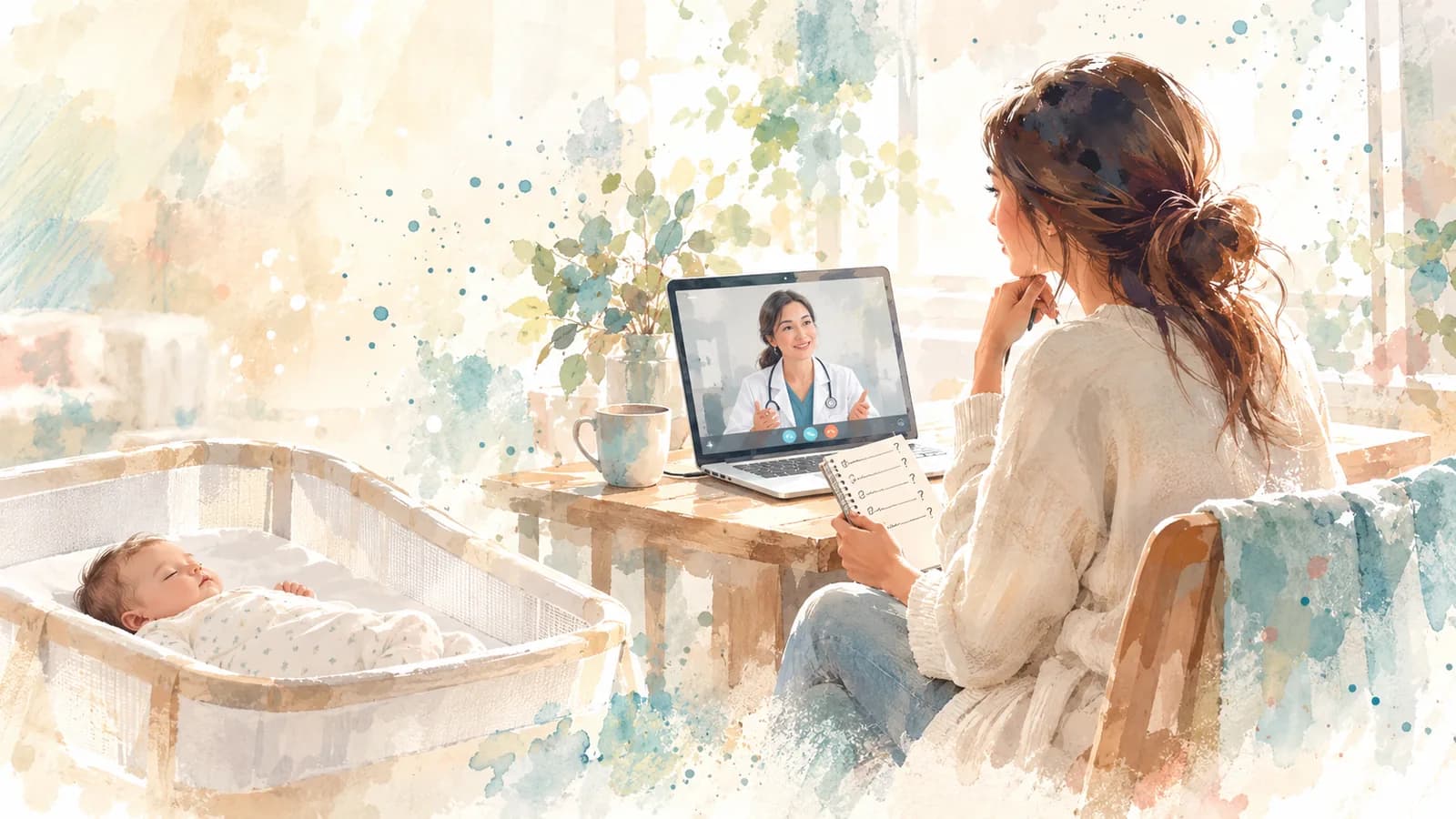 Watercolor of a mom on a video visit with her doctor, holding a list of questions while her baby sleeps in a bassinet