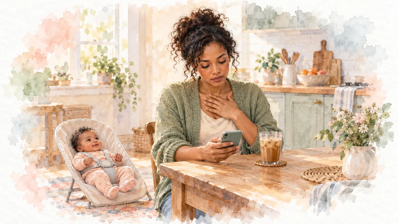 Watercolor of a mom at the kitchen table with a hand on her chest, looking at her phone while her baby sits in a bouncer