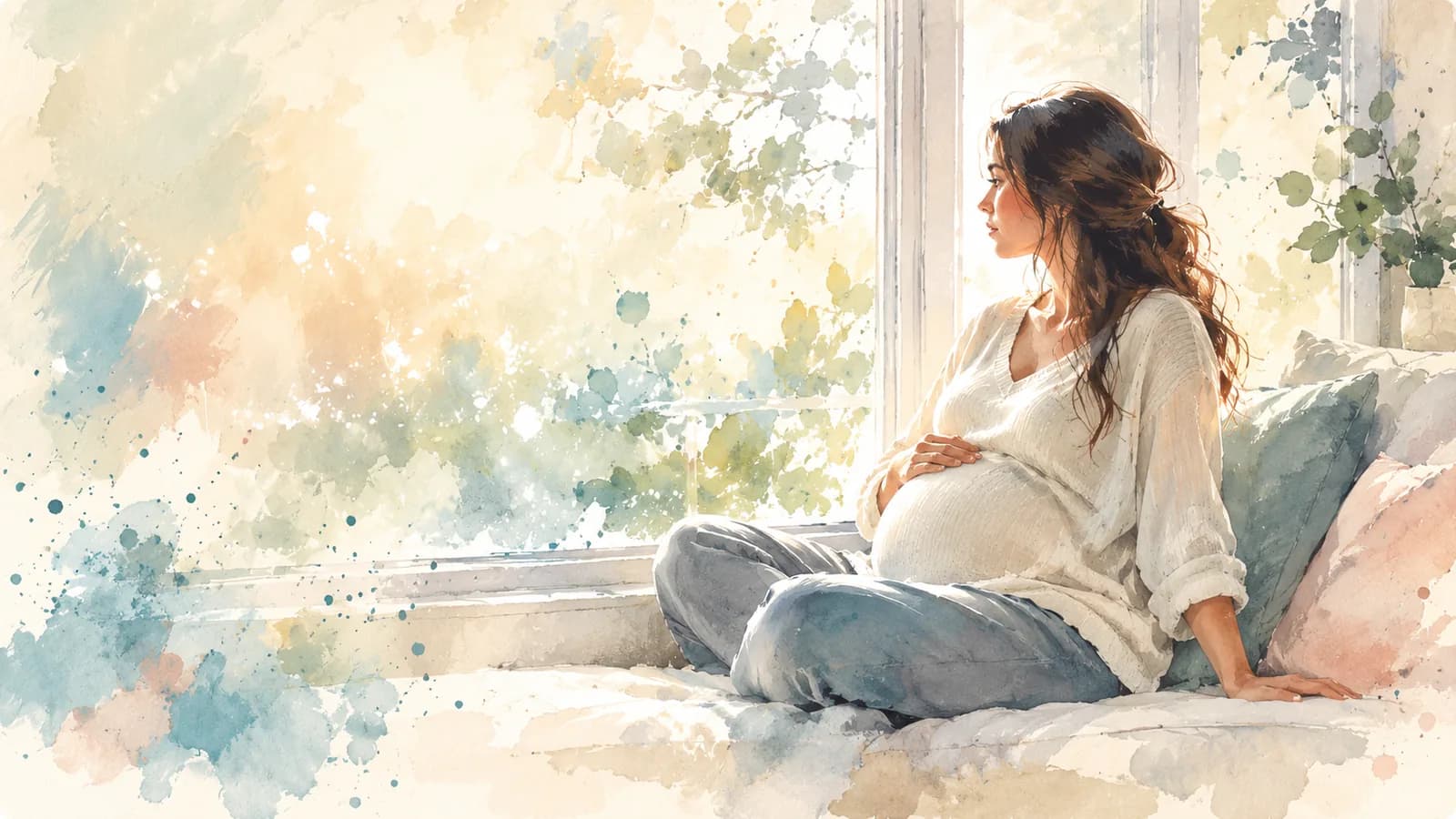 Watercolor of a pregnant woman sitting by a window with a hand on her belly, deep in thought