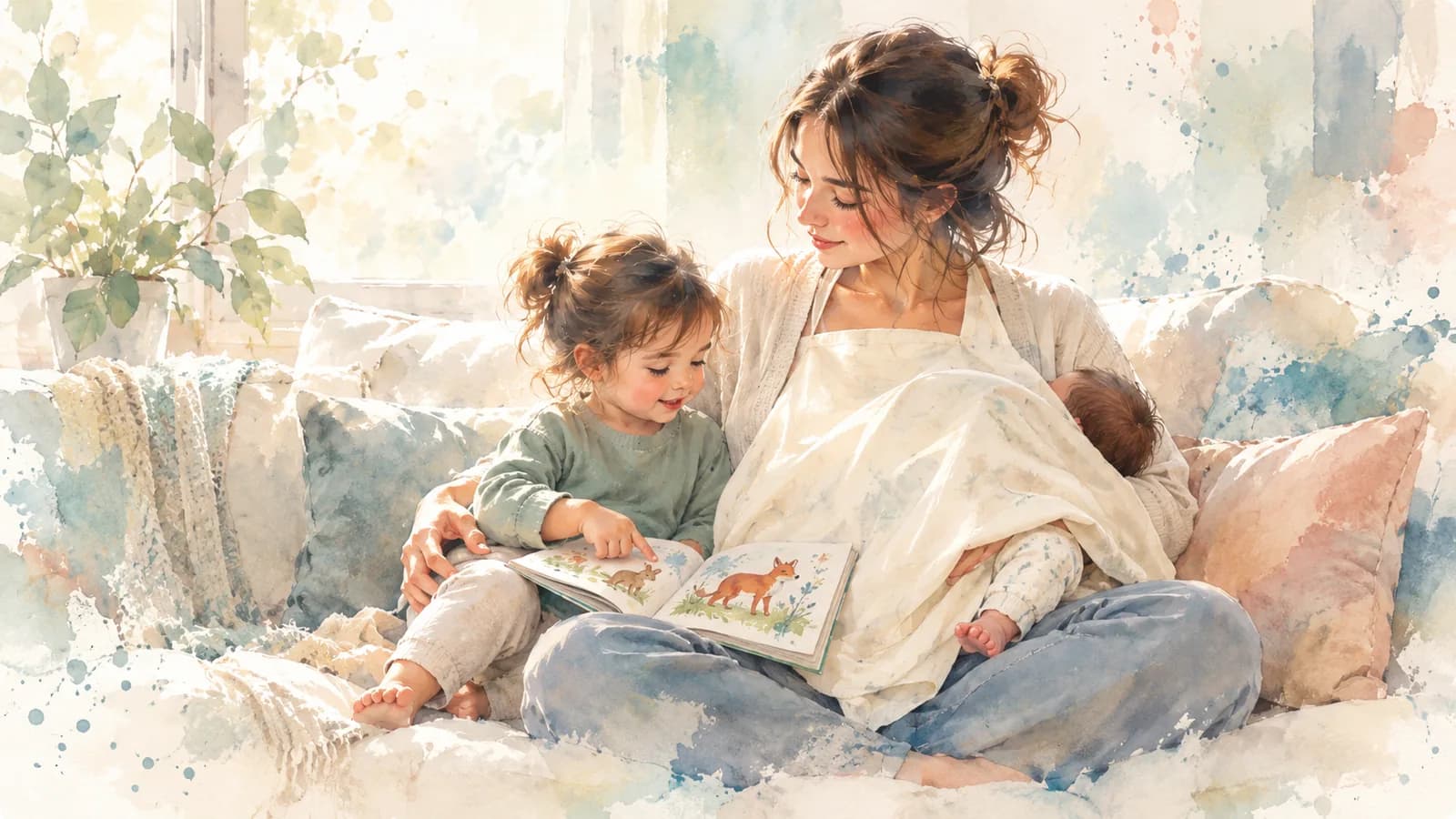 Watercolor of a mom on the couch nursing her newborn while reading a picture book with her toddler