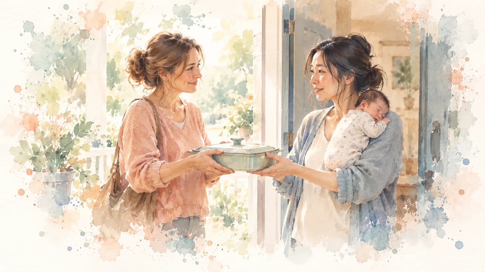 Watercolor of a friend handing a covered dish to a new mom holding her baby at the front door