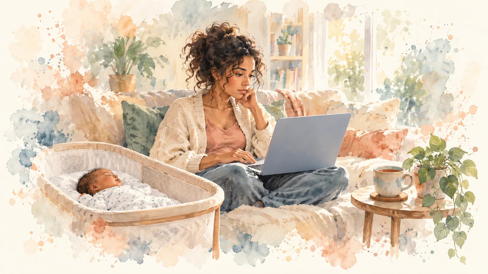 Watercolor of a mom on the couch with a laptop and a cup of tea while her baby sleeps in a bassinet