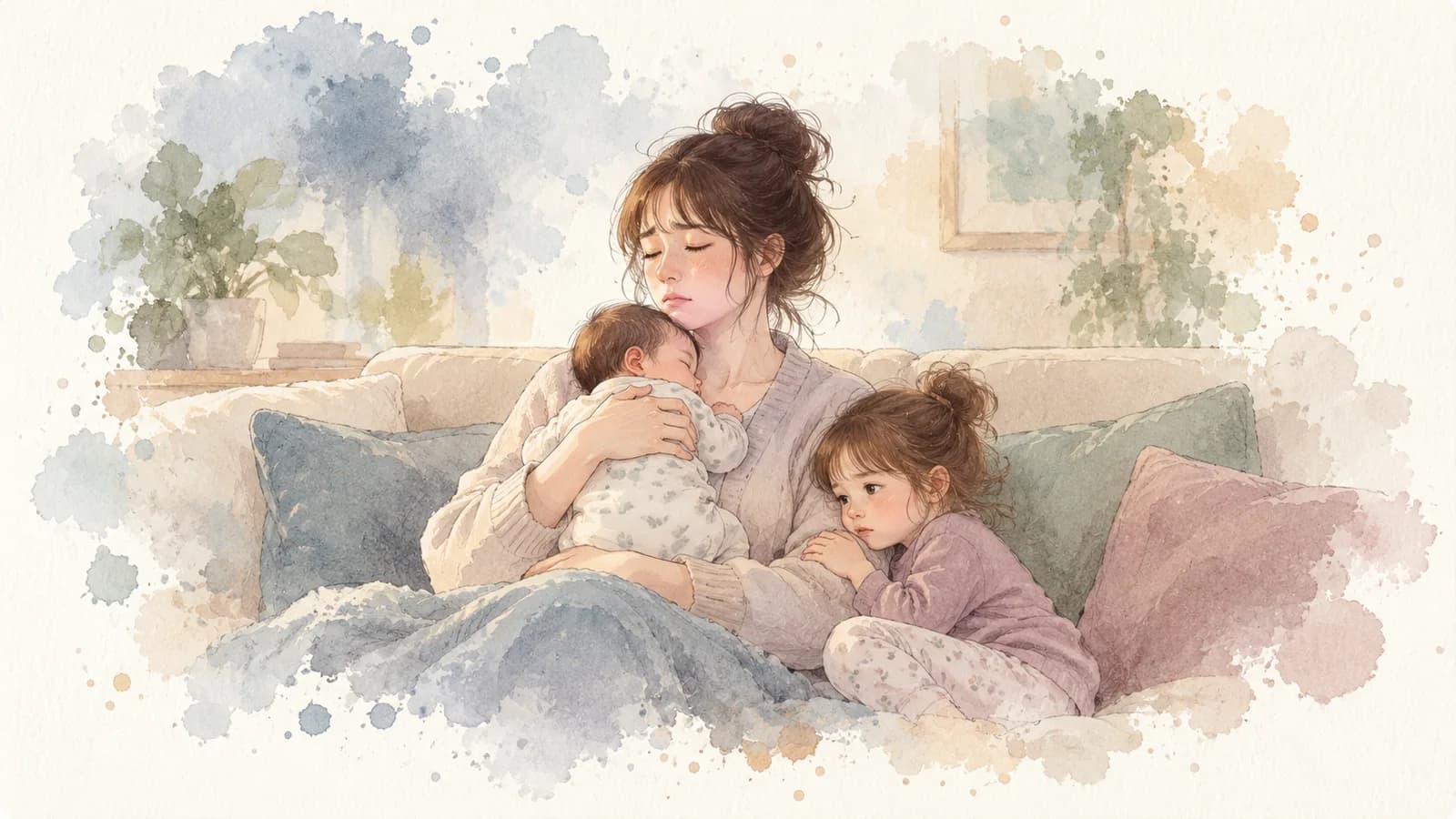 Watercolor of a tired mom on the couch with her baby asleep on her chest and her toddler leaning against her, eyes closed