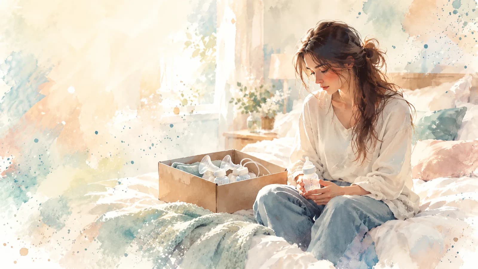 Watercolor of a mom sitting on her bed holding a baby bottle, with pump parts packed in a box beside her