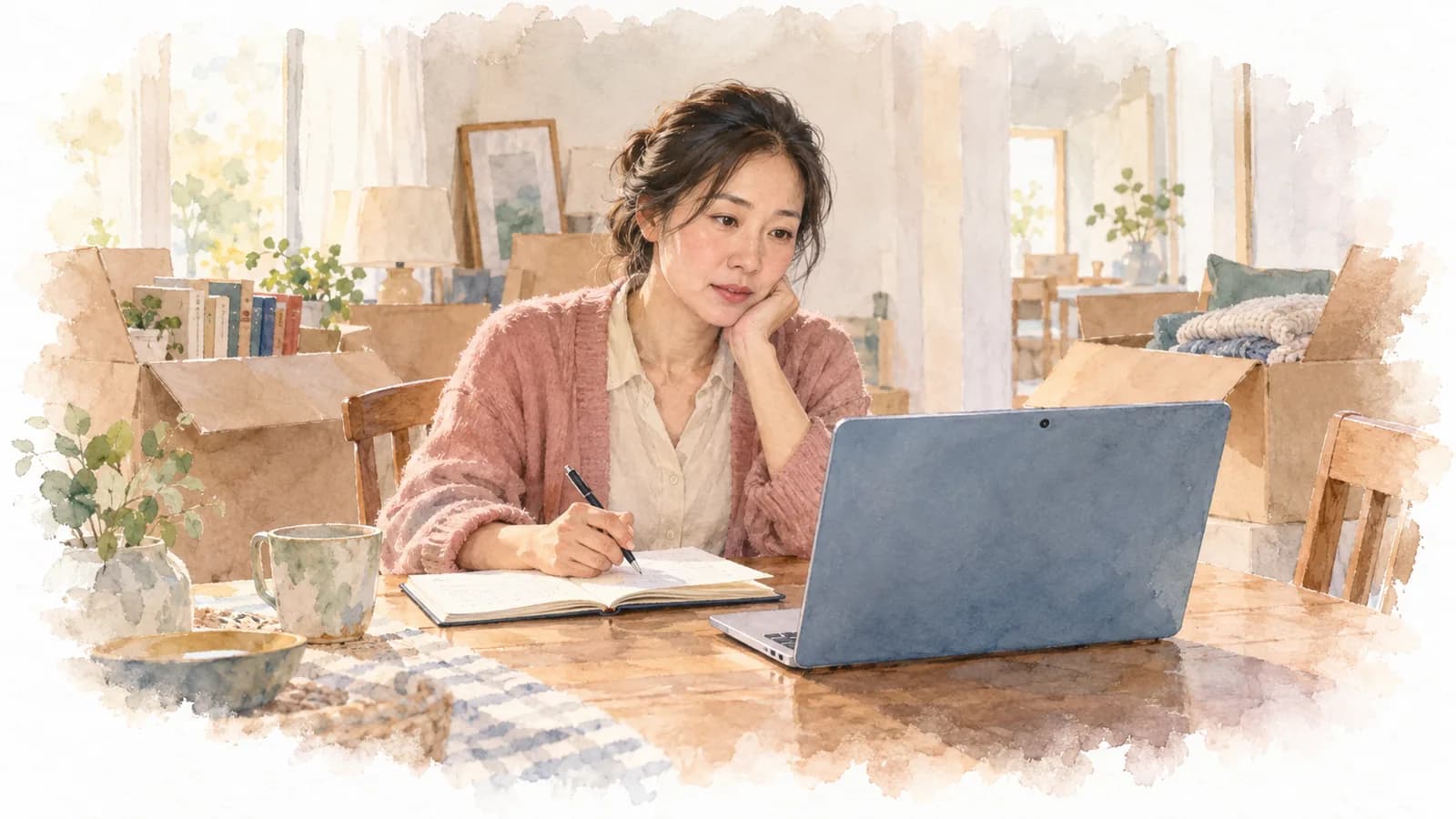 Watercolor of a woman taking notes during a video session on her laptop, with moving boxes behind her