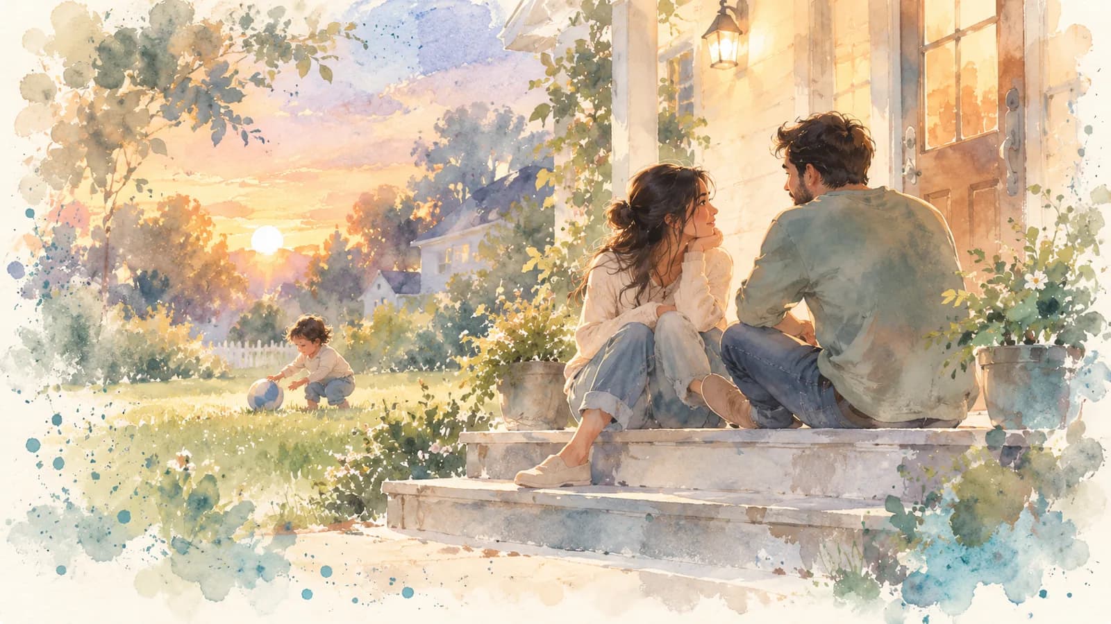 Watercolor of a couple talking on the porch steps at dusk while their toddler plays in the yard