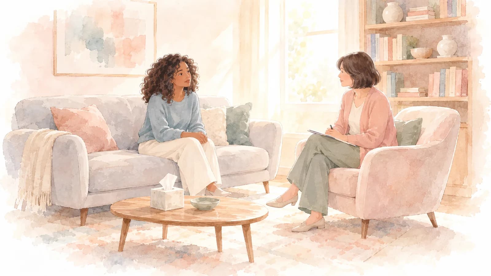 Watercolor of a woman on a couch talking with her therapist in a bright, welcoming office