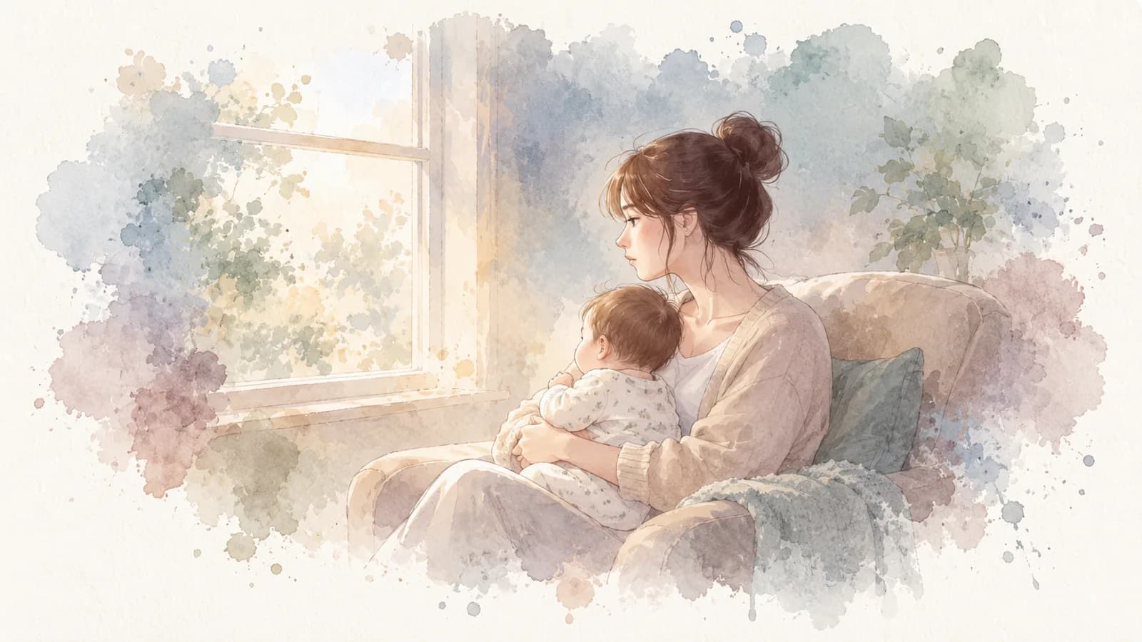 Watercolor of a mom in an armchair holding her baby and gazing out the window, lost in thought