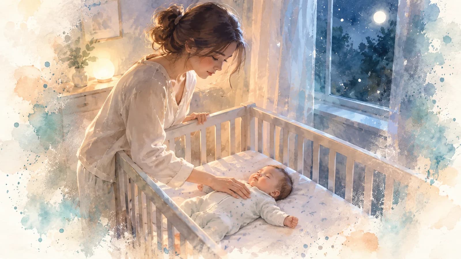 Watercolor of a mom leaning over the crib at night with her hand on her sleeping baby