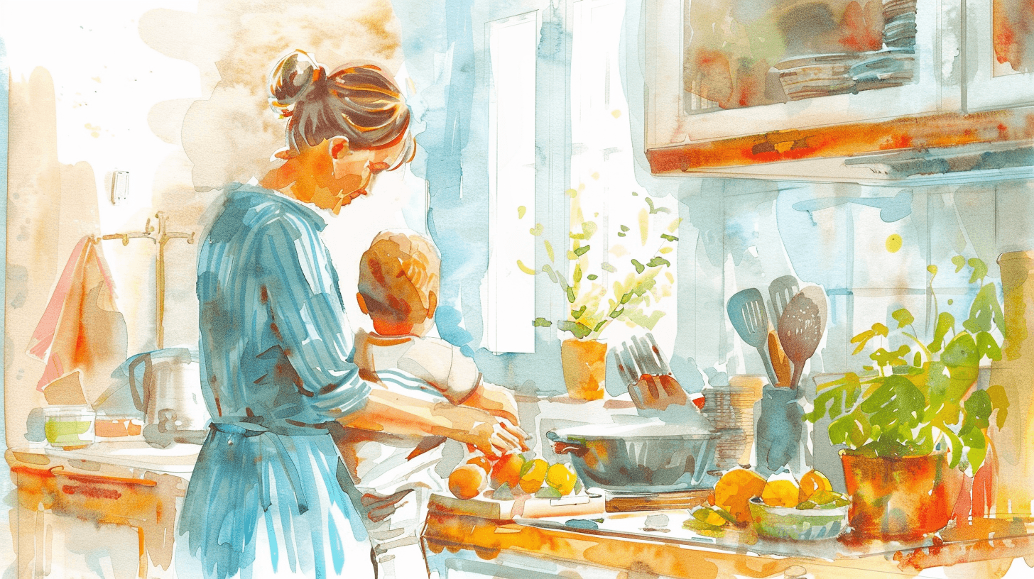 Watercolor of a mom holding her toddler at a sunny kitchen counter, preparing food